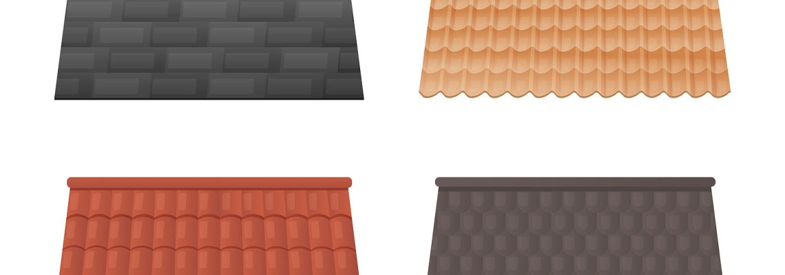 Set of colorful roofs for house design on white background. Collection of tile roof templates in different colors and different materials. Flat cartoon vector illustration